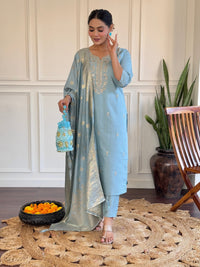 Thumbnail for Lyush Women Party Wear Embroidery Worked Kurta With Pant And Duppata Set - Sky Blue