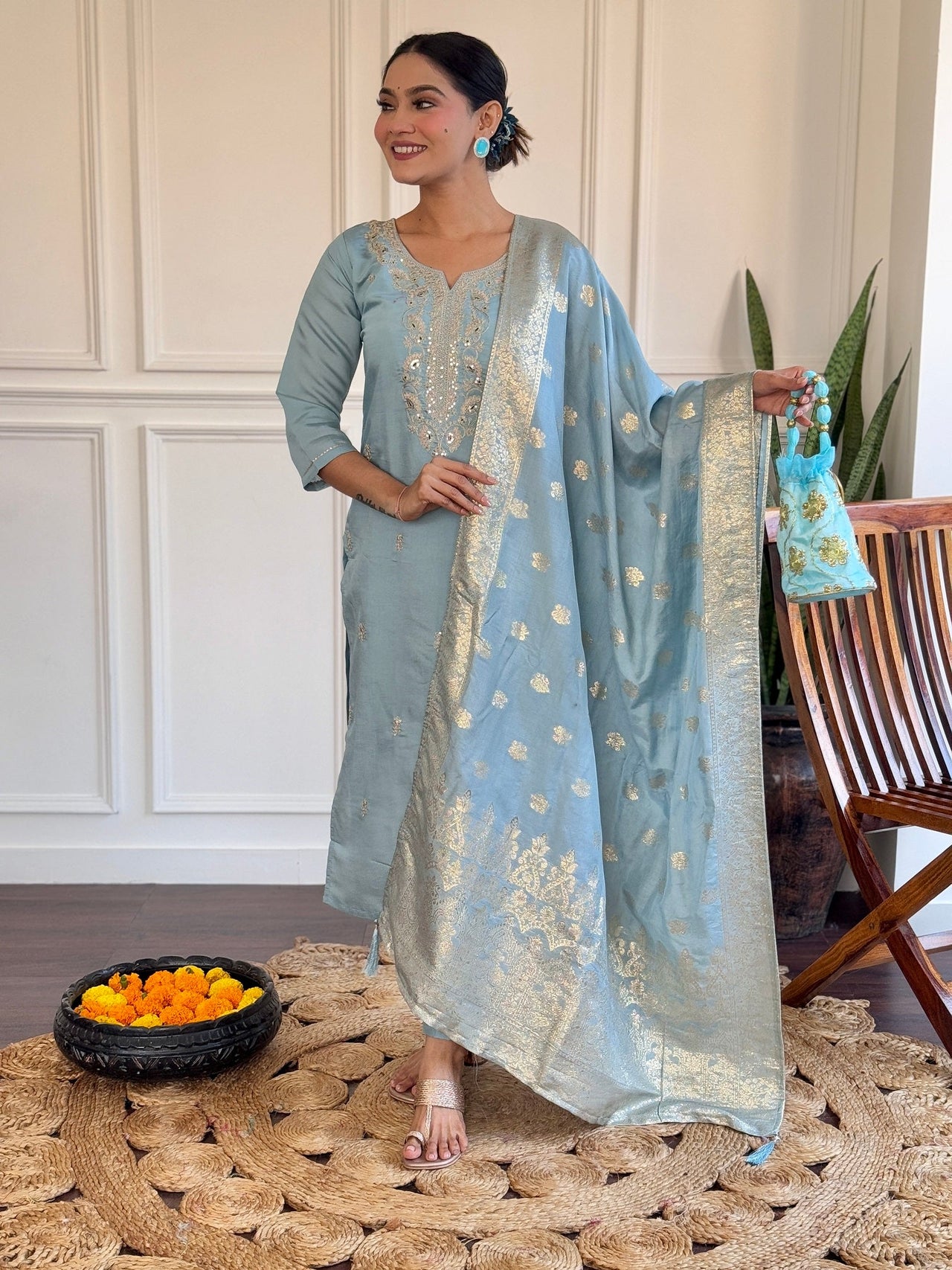Lyush Women Party Wear Embroidery Worked Kurta With Pant And Duppata Set - Sky Blue