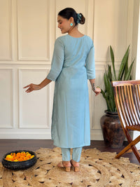 Thumbnail for Lyush Women Party Wear Embroidery Worked Kurta With Pant And Duppata Set - Sky Blue