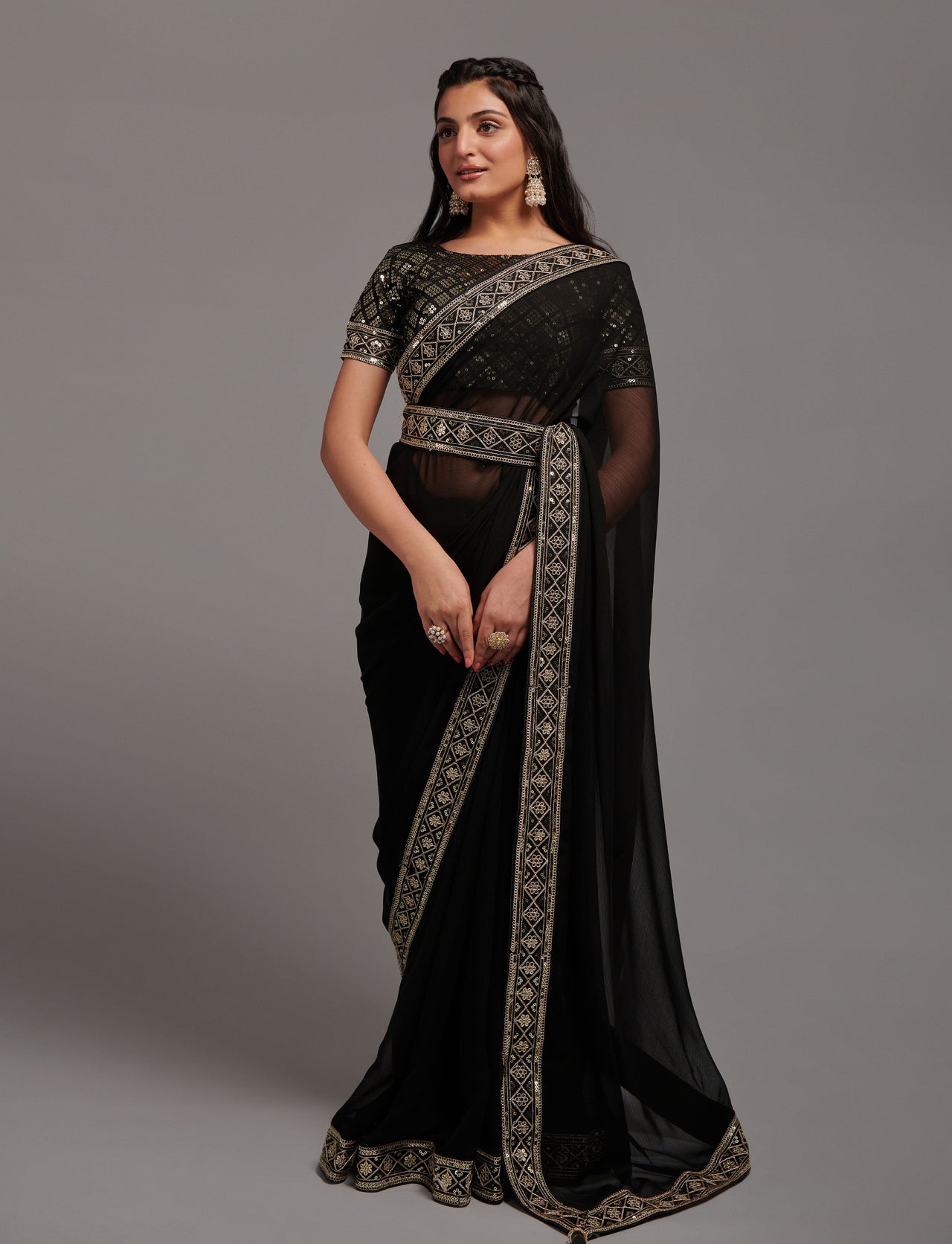NOZ2TOZ Women Party Wear Premium Chinon Silk Saree with Unstitched Blouse - Black