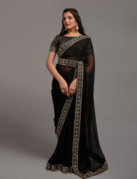 Thumbnail for NOZ2TOZ Women Party Wear Premium Chinon Silk Saree with Unstitched Blouse - Black