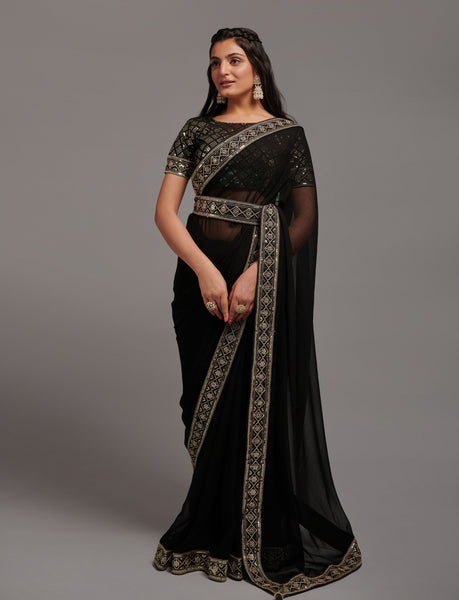 NOZ2TOZ Women Party Wear Premium Chinon Silk Saree with Unstitched Blouse - Black