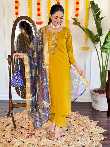 Lyush Women Party Wear Embroidery Worked Kurta With Pant And Duppata Set - Mustard