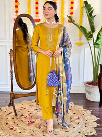 Thumbnail for Lyush Women Party Wear Embroidery Worked Kurta With Pant And Duppata Set - Mustard
