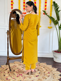 Thumbnail for Lyush Women Party Wear Embroidery Worked Kurta With Pant And Duppata Set - Mustard
