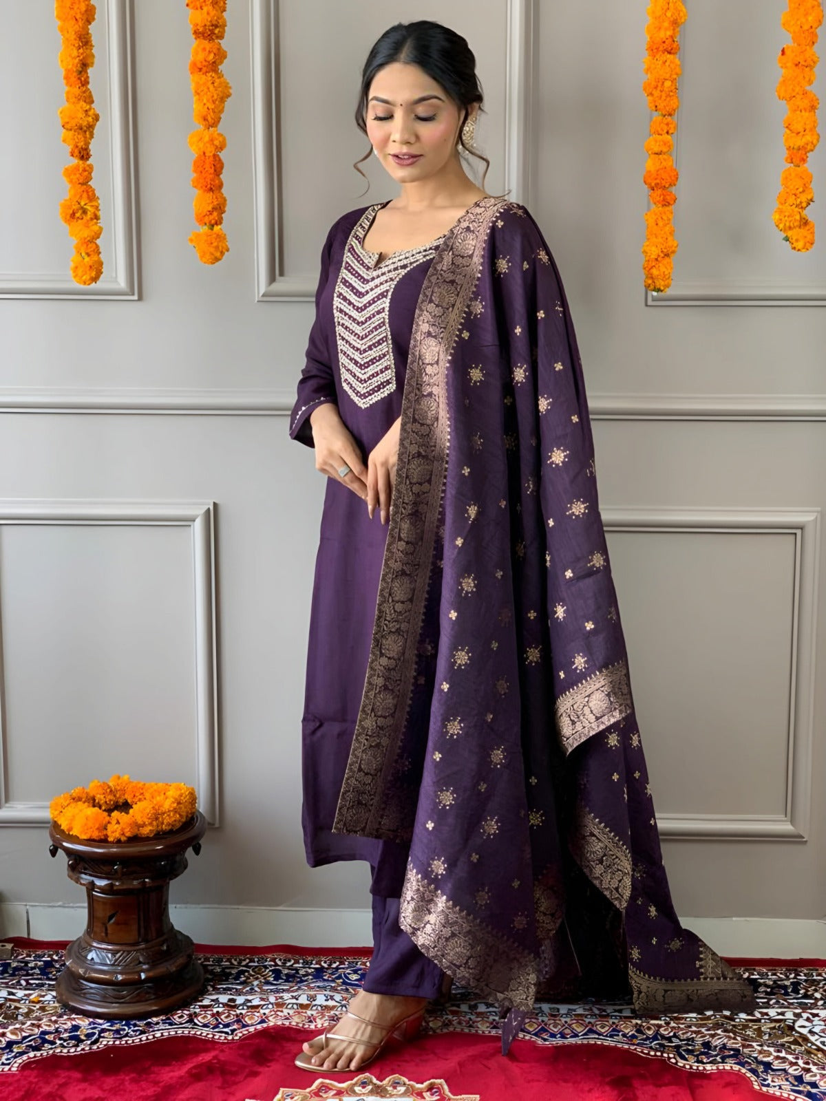 Lyush Women Party Wear Embroidery Worked Kurta With Pant And Dupatta Set - Wine