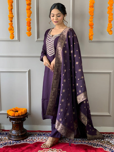 Lyush Women Party Wear Embroidery Worked Kurta With Pant And Dupatta Set - Wine