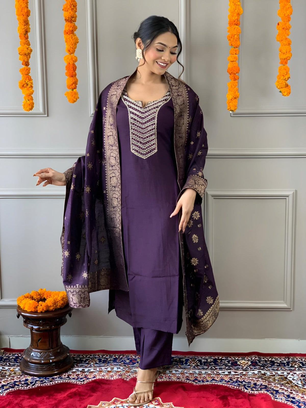 Lyush Women Party Wear Embroidery Worked Kurta With Pant And Dupatta Set - Wine