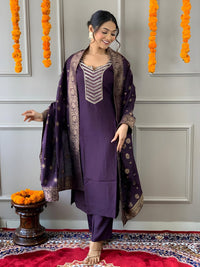 Thumbnail for Lyush Women Party Wear Embroidery Worked Kurta With Pant And Dupatta Set - Wine