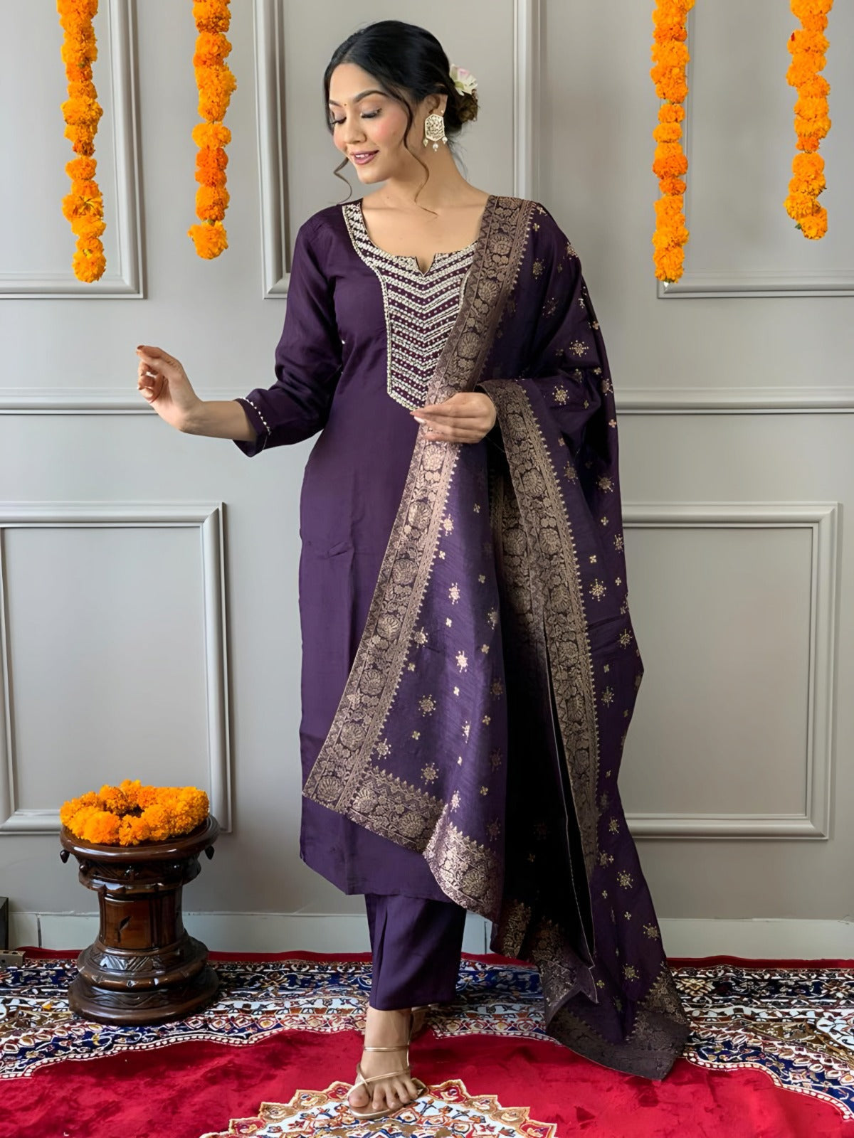 Lyush Women Party Wear Embroidery Worked Kurta With Pant And Dupatta Set - Wine