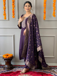 Thumbnail for Lyush Women Party Wear Embroidery Worked Kurta With Pant And Dupatta Set - Wine