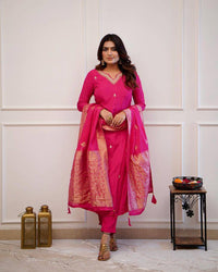 Thumbnail for Lyush Women Party Wear Embroidery Worked Kurta With Pant And Duppata Set - Gajri
