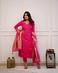 Thumbnail for Lyush Women Party Wear Embroidery Worked Kurta With Pant And Duppata Set - Gajri