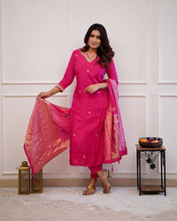 Thumbnail for Lyush Women Party Wear Embroidery Worked Kurta With Pant And Duppata Set - Gajri