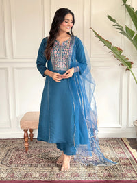 Thumbnail for Lyush Women Party Wear Embroidery Worked Kurta With Pant And Dupatta Set - Petrol Green