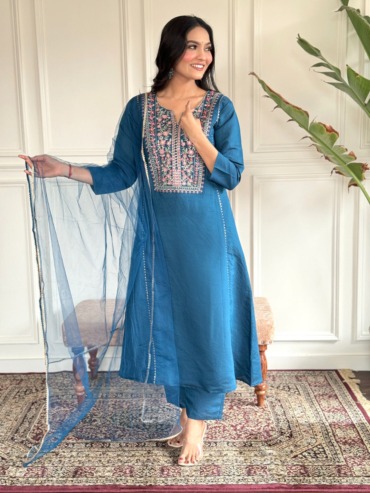 Lyush Women Party Wear Embroidery Worked Kurta With Pant And Dupatta Set - Petrol Green