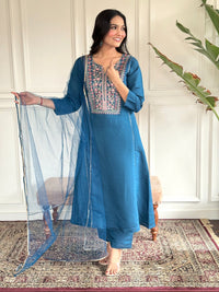 Thumbnail for Lyush Women Party Wear Embroidery Worked Kurta With Pant And Dupatta Set - Petrol Green