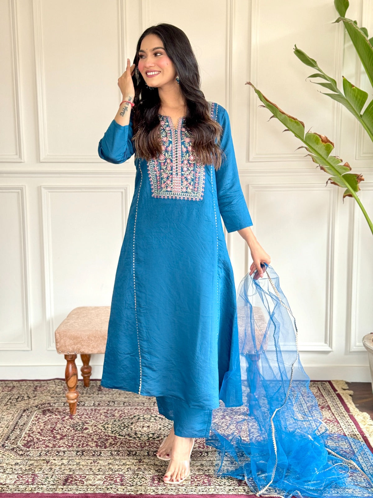 Lyush Women Party Wear Embroidery Worked Kurta With Pant And Dupatta Set - Petrol Green