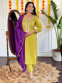 Thumbnail for Lyush Women Party Wear Embroidery Worked Kurta With Pant And Duppata Set - Mustard
