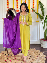 Thumbnail for Lyush Women Party Wear Embroidery Worked Kurta With Pant And Duppata Set - Mustard
