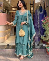 Thumbnail for Lyush Women Party Wear Embroidery Worked Kurta With Pant And Dupatta Set - Rama