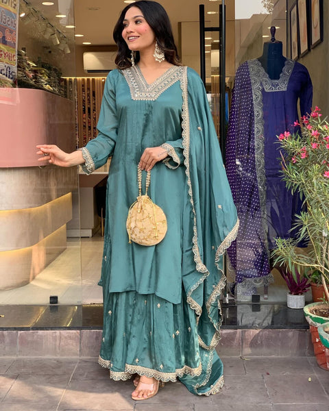 Lyush Women Party Wear Embroidery Worked Kurta With Pant And Dupatta Set - Rama