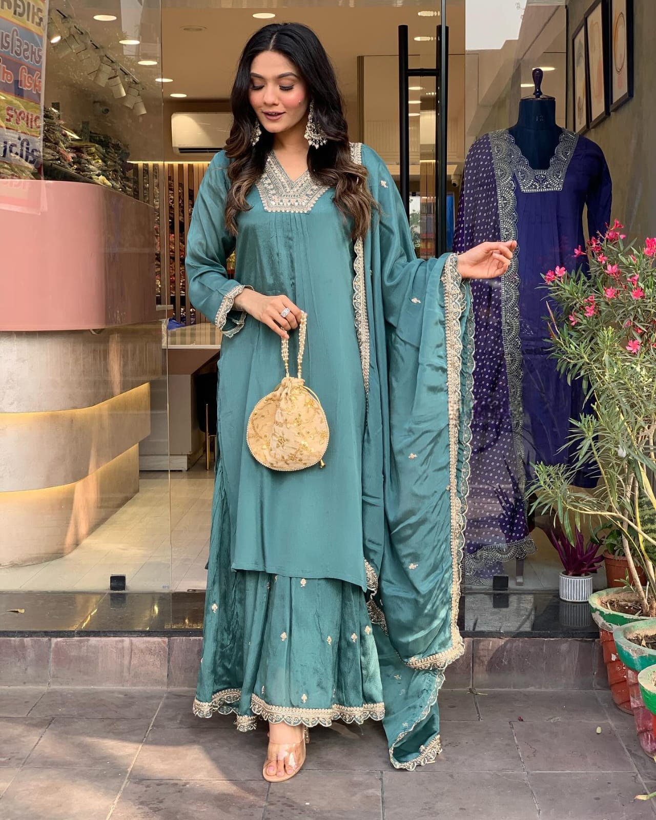 Lyush Women Party Wear Embroidery Worked Kurta With Pant And Dupatta Set - Rama