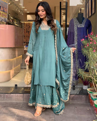 Thumbnail for Lyush Women Party Wear Embroidery Worked Kurta With Pant And Dupatta Set - Rama
