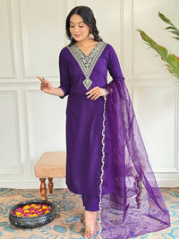 Thumbnail for Lyush Women Party Wear Embroidery Worked Kurta With Pant And Duppata Set - Purple