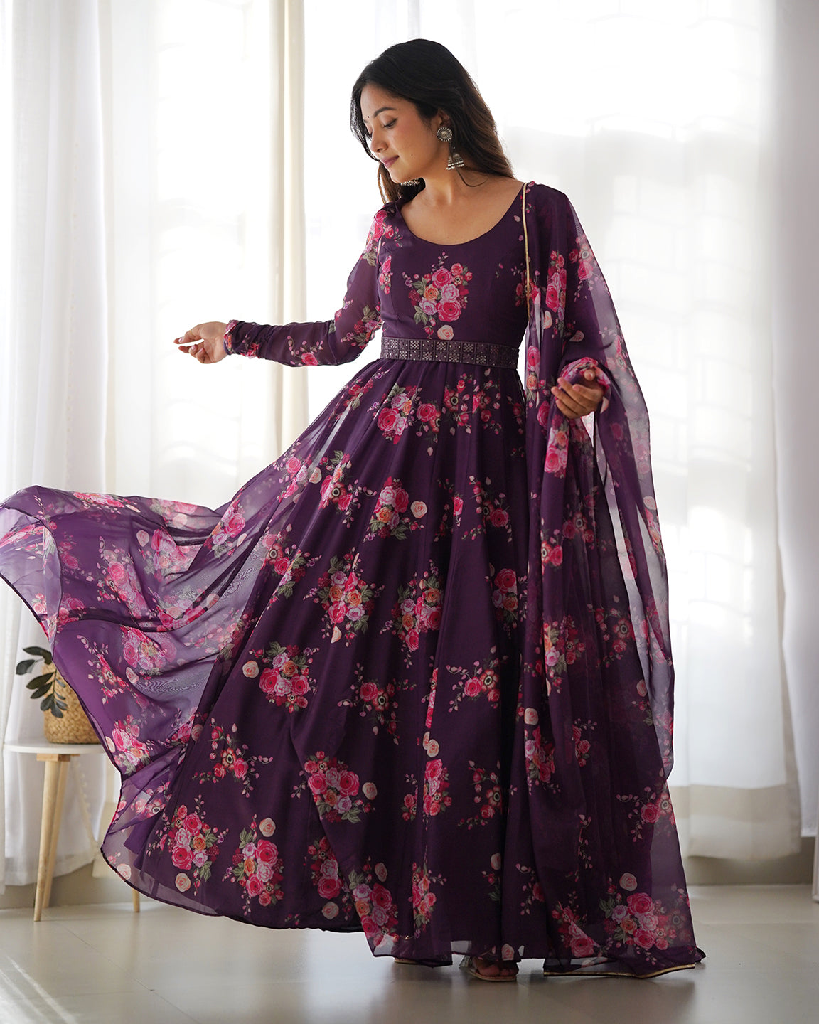 Lorenvalley Fashion Women Pure Soft Organza Silk Anarkali Kali Cut Gown With Pant Dupatta Set - Wine