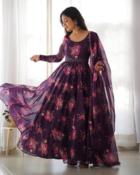 Thumbnail for Lorenvalley Fashion Women Pure Soft Organza Silk Anarkali Kali Cut Gown With Pant Dupatta Set - Wine