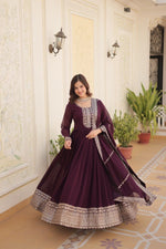 Thumbnail for Evanik Wine Faux Blooming Gown with Dupatta With Attractive Embroidered Sequins work