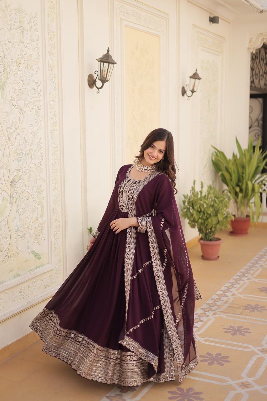 Evanik Wine Faux Blooming Gown with Dupatta With Attractive Embroidered Sequins work