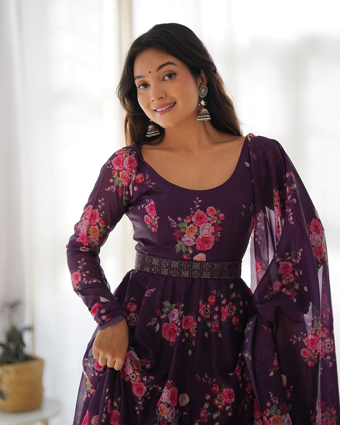 Lorenvalley Fashion Women Pure Soft Organza Silk Anarkali Kali Cut Gown With Pant Dupatta Set - Wine