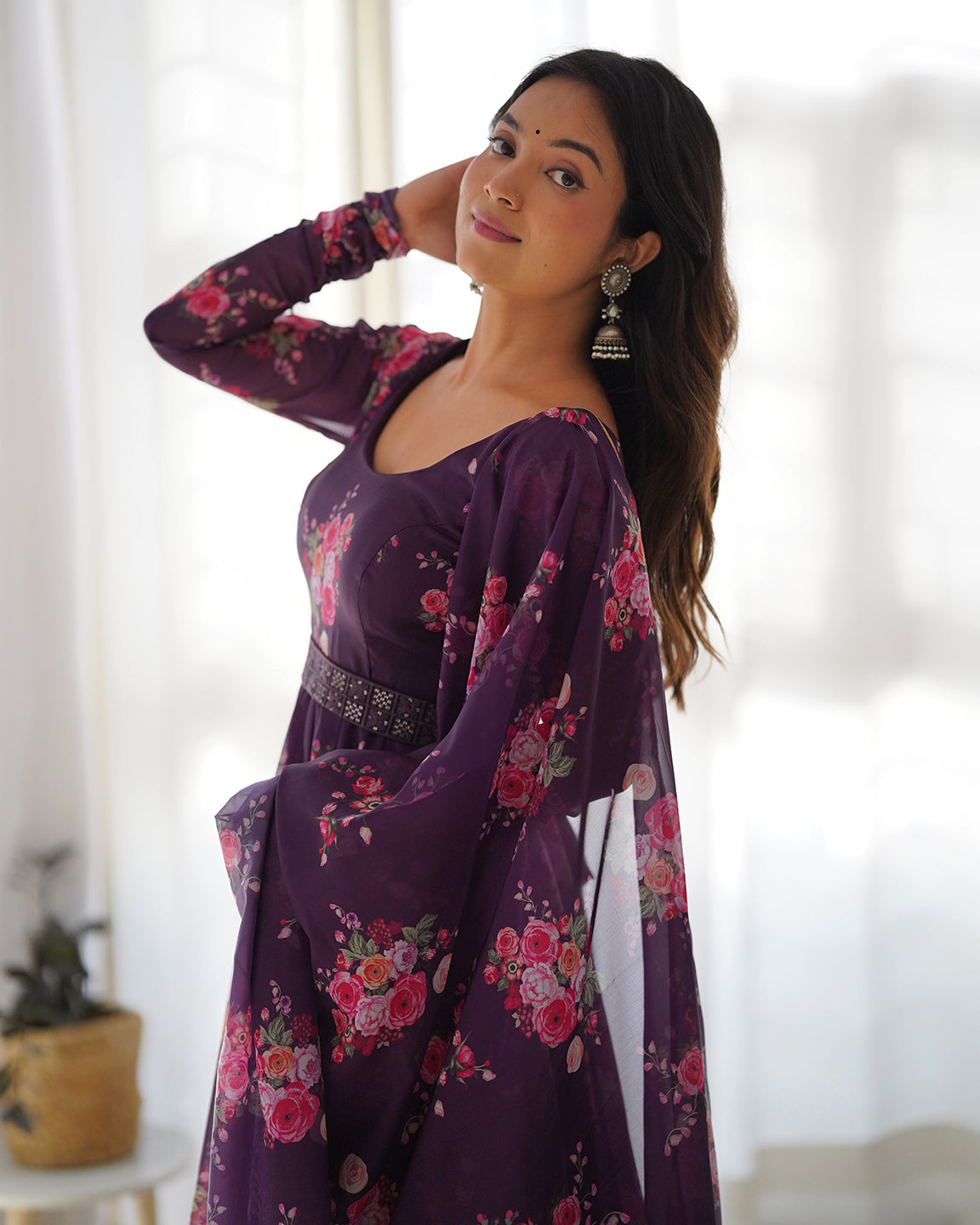 Lorenvalley Fashion Women Pure Soft Organza Silk Anarkali Kali Cut Gown With Pant Dupatta Set - Wine