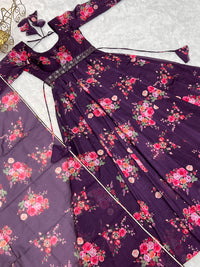 Thumbnail for Lorenvalley Fashion Women Pure Soft Organza Silk Anarkali Kali Cut Gown With Pant Dupatta Set - Wine