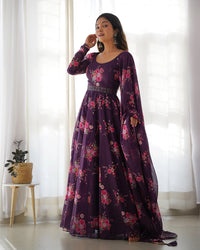Thumbnail for Lorenvalley Fashion Women Pure Soft Organza Silk Anarkali Kali Cut Gown With Pant Dupatta Set - Wine