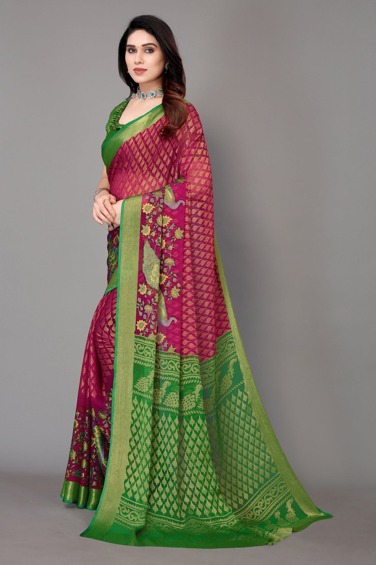 NOZ2TOZ Women Party Wear Printed Brasso Chiffon Saree with Unstitched Blouse - Magenta