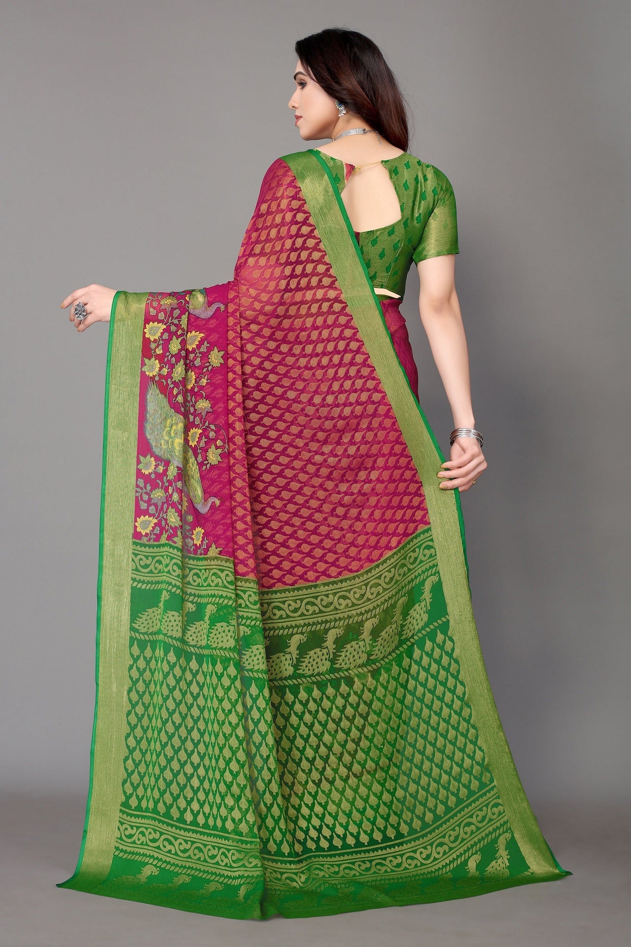 NOZ2TOZ Women Party Wear Printed Brasso Chiffon Saree with Unstitched Blouse - Magenta