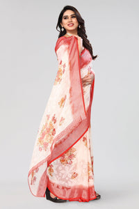 Thumbnail for NOZ2TOZ Women Party Wear Printed Brasso Chiffon Saree with Unstitched Blouse - White & Red