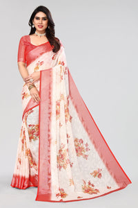 Thumbnail for NOZ2TOZ Women Party Wear Printed Brasso Chiffon Saree with Unstitched Blouse - White & Red