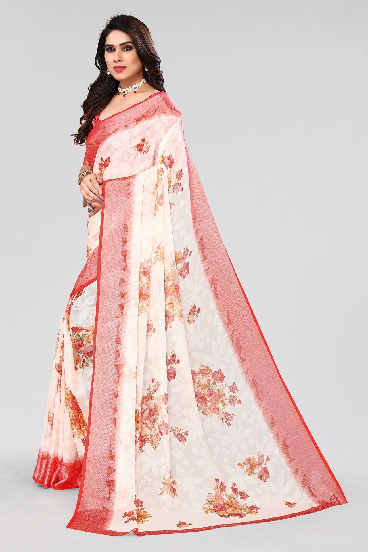 NOZ2TOZ Women Party Wear Printed Brasso Chiffon Saree with Unstitched Blouse - White & Red
