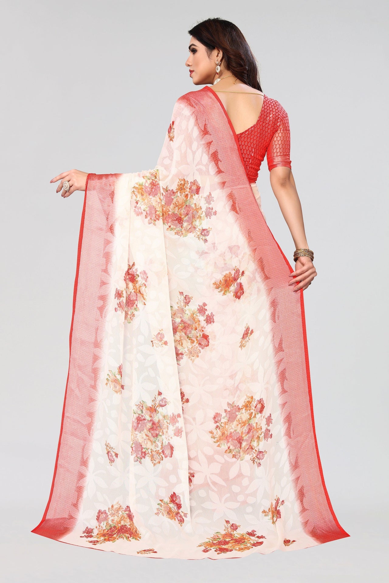 NOZ2TOZ Women Party Wear Printed Brasso Chiffon Saree with Unstitched Blouse - White & Red