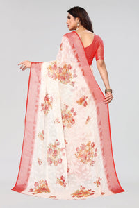 Thumbnail for NOZ2TOZ Women Party Wear Printed Brasso Chiffon Saree with Unstitched Blouse - White & Red