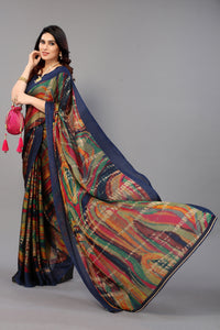 Thumbnail for NOZ2TOZ Women Party Wear Printed Chiffon Silk Saree with Unstitched Blouse - Navy Blue
