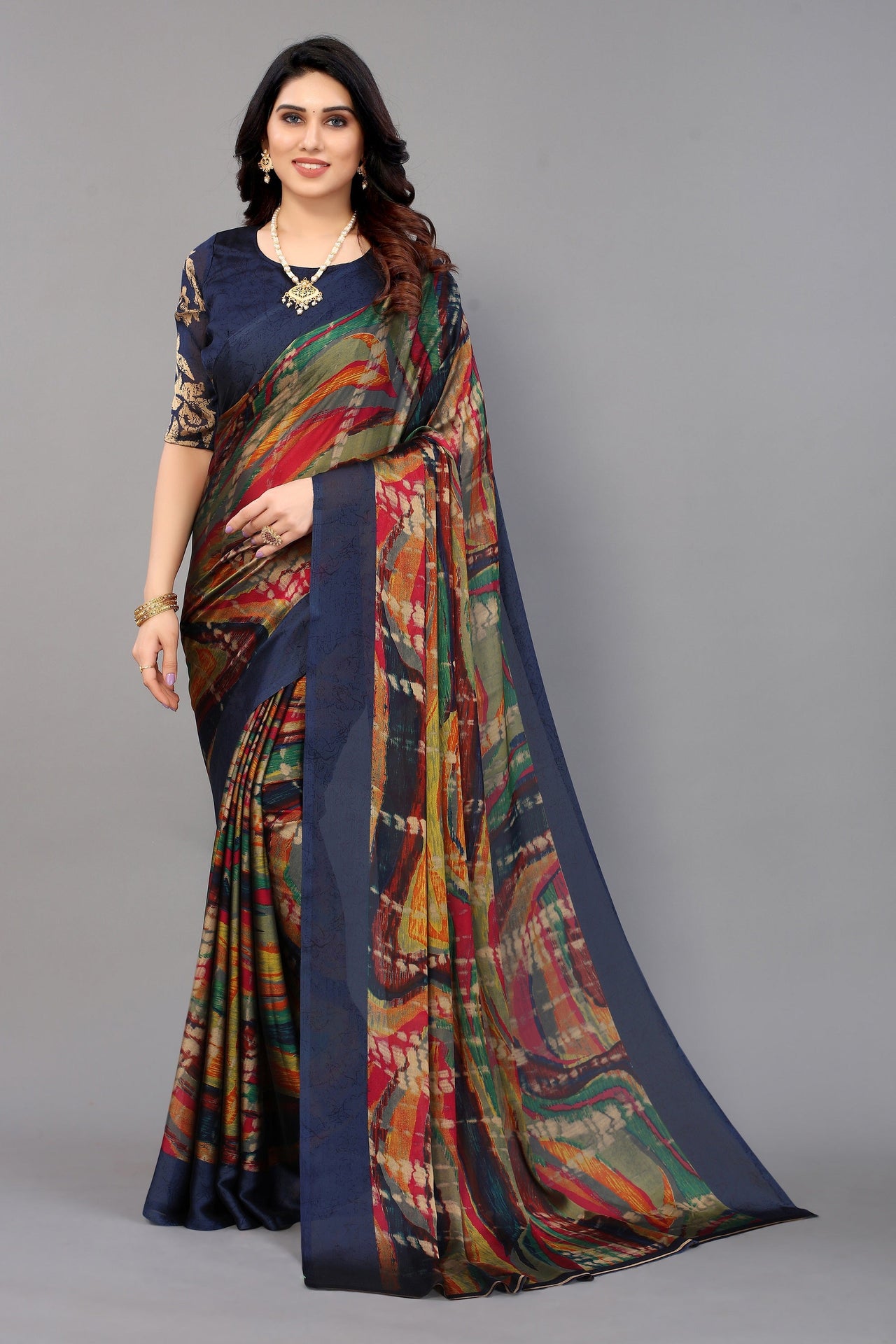 NOZ2TOZ Women Party Wear Printed Chiffon Silk Saree with Unstitched Blouse - Navy Blue