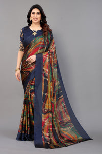 Thumbnail for NOZ2TOZ Women Party Wear Printed Chiffon Silk Saree with Unstitched Blouse - Navy Blue