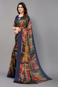 Thumbnail for NOZ2TOZ Women Party Wear Printed Chiffon Silk Saree with Unstitched Blouse - Navy Blue