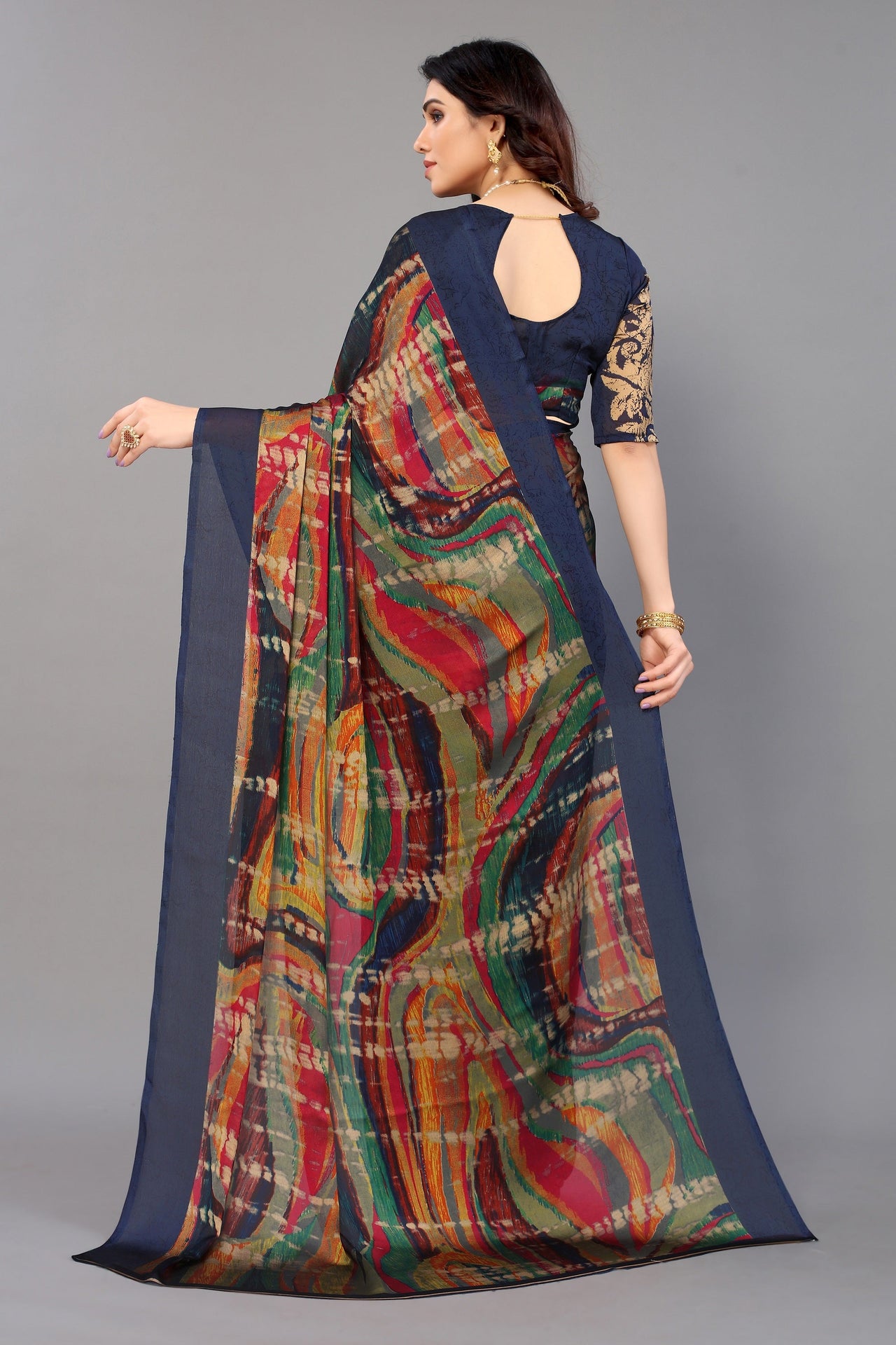 NOZ2TOZ Women Party Wear Printed Chiffon Silk Saree with Unstitched Blouse - Navy Blue