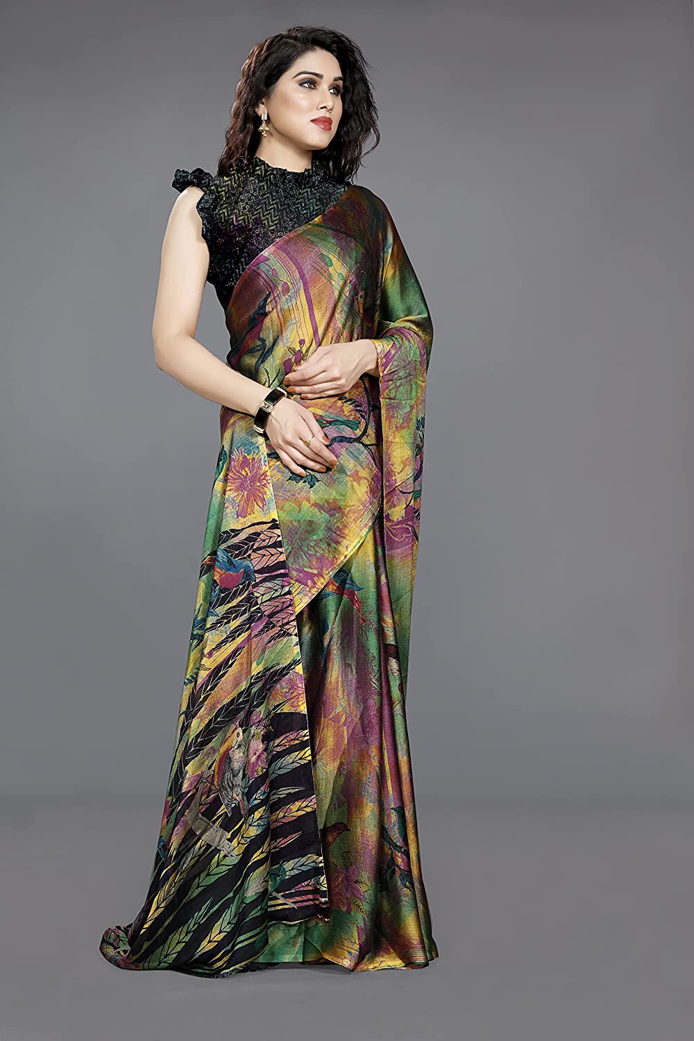 NOZ2TOZ Women Party Wear Printed Chiffon Silk Saree with Unstitched Blouse - Rama